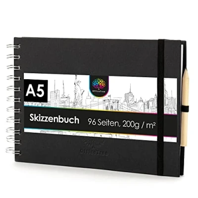 Obrázek OfficeTree skicák A5 spirálová vazba formát na šířku 96 stran 48 listů 200 g bílý prázdný papír akvarel včetně tužky