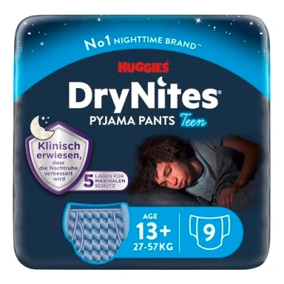 Obrázek Huggies DryNites noční plenky na pomočování, pro chlapce od 13 do cca 17 let (4860 kg), 27 kusů (3 x 9), měsíční balení, plenkové kalhotky