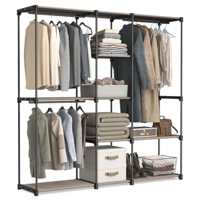 Obrázek SONGMICS Kleiderschrank, Kleiderständer, freistehende Garderobe, mit Kleiderstangen, Garderobenständer, Stoffablagen, Metallrahmen, 182 x 43 cm, Taupe RYG037R02