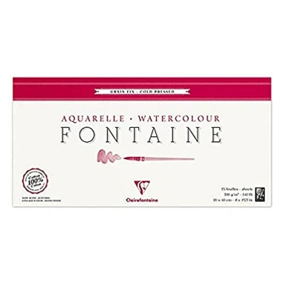 Obrázek Clairefontaine 96437C Malblok, 4stranný lepený akvarelový papír jemný, fontán/hadr, 20 x 40 cm, formát panoramatického formátu, 15 listů, 300 g balení, bílé