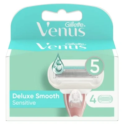 Obrázek Gillette Venus Deluxe Smooth Sensitive Ersatzklingen für Damenrasiermaschine, 4 Stück, Maschinensets mit 5 Klingen und Skinelixir Feuchtigkeitsband