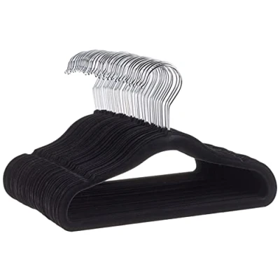 Obrázek Amazon Basics Dětské ramínko na šaty ze sametu, protiskluzové pro miminka a malé děti, 29 cm, balení po 50 kusech, černá/stříbrná barva