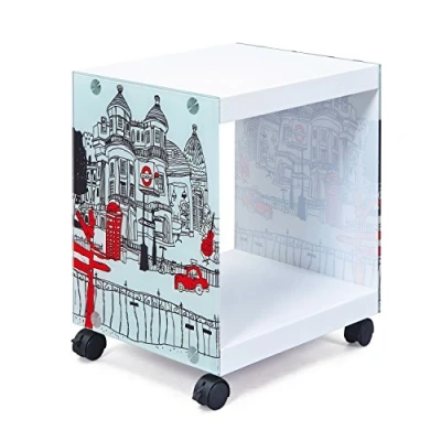 Obrázek Inter Link servírovací stolek noční konferenční na kolečkách London Cube sklo a MDF moderní praktický bíle lakovaný 38 x 33,5 46 cm