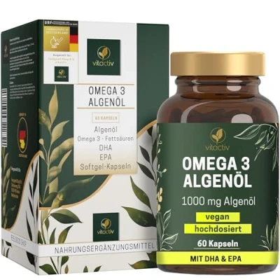 Obrázek VITACTIV omega 3 kapsle z řasového oleje 60 ks Marines Vegan, vysoká dávka 1000 mg mikrořas v denní dávce 450 mastných kyselin DHA &amp; EPA (2:1) srdce, mozek, oči