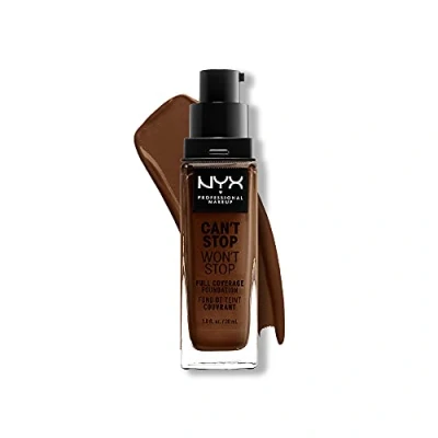 Obrázek NYX Professional Makeup Can&#039;t Stop Won&#039;t Full Coverage Foundation, dlouhotrvající, voděodolný, veganská receptura, matná pleť, barevný odstín: Deep Walnut
