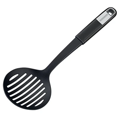 Obrázek Fackelmann Tašticí lžíce 32 cm SENSE, naběračka na napnutí z plastu, protiskluzová rukojeť Soft Touch, kuchyňský pomocník pro potažené pánve a hrnce (barva: stříbrná/černá), množství: 1 kus