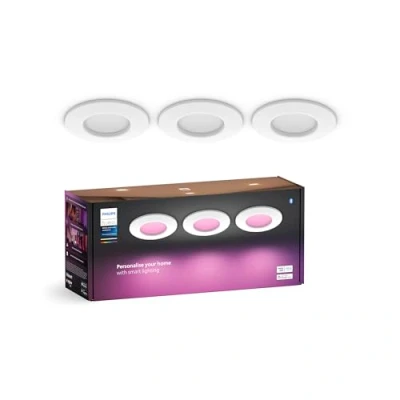 Obrázek Philips Hue Smart Slim vestavné svítidlo balení 3 ks, 90 mm, bílé a barevné světlo, kompatibilní s Bluetooth, hlasové ovládání Alexa, Apple Home &amp; Google Assistant,