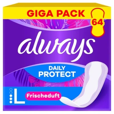 Obrázek Always Dámské slipové vložky Daily Protect Long (64 obvazů), velké balení, s čerstvou vůní, vhodné pro všechny formy kalhotek, prodyšné, flexibilní
