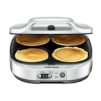 Obrázek ROMMELSBACHER Pancake Maker PC 1800, 4 pečicí prohlubně à Ø 13,5 cm, nepřilnavý povrch, časovač 15 minut, automatické vypnutí, 1800 W, stříbrný