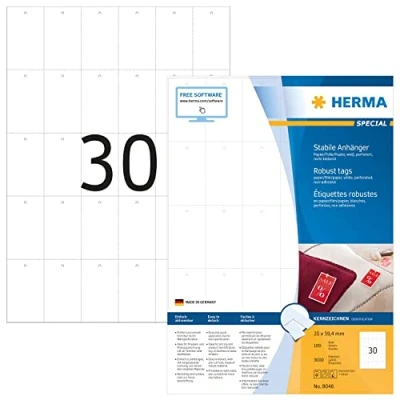 Obrázek HERMA 8046 stabilní přívěsek perforovaný, 100 listů, 35 x 59,4 mm, 30 na arch A4, 3000 kusů, lze potisknout, matný, prázdný cenový z papíru/fólie / kompozitu papíru, bílý