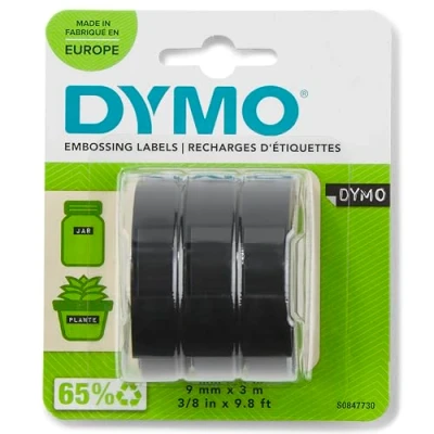 Obrázek DYMO Originální tisková páska 3D bílá na černé 9 mm x 3 m samolepicí plastová etikety pro popisovací zařízení Junior a Omega razicí pásky