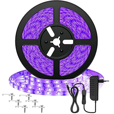Obrázek Onforu 5M UV LED pásek, pásek s černým světlem se síťovým zdrojem, 12 V flexibilní 300 LED, samolepicí světelná lišta 2835, lampa, světelný Black Light na party, bar, neonové barvy,
