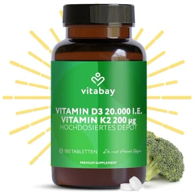 Obrázek Vitabay vitamín D3 K2 vysoké dávky 20000 180 VEGANE a laboratorně testované tablety vitaminu D kapsle vitamin vysoká dávka D3K2 vysoce koncentrovaný