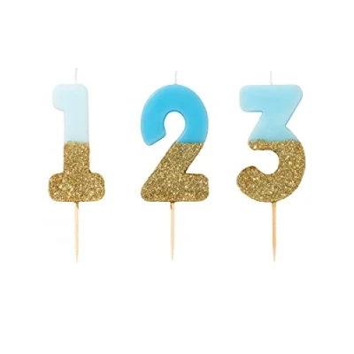 Obrázek Talking Tables Narozeninové svíčky pro narozeninový dort modré 8 narozeninových svíček Cake Topper Zlaté třpytky a modré, vícebarevné, výška cm, BDAY CANDLE BLU