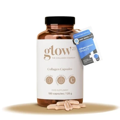 Obrázek Glow25® Kolagenové kapsle s vysokou dávkou [180 kapslí] kyselinou hyaluronovou a vitaminem C prémiový kolagenový komplex pro krásnou pokožku bez přísad laboratorně testováno Made in Germany