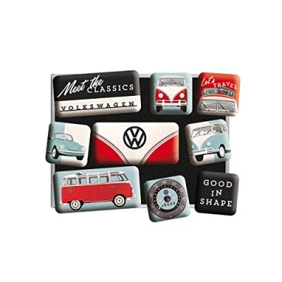 Obrázek Nostalgic Art Retro magnety na lednici, 9 kusů, VW Meet The Classics nápad dárek Volkswagen bus, magnetická sada pro magnetickou tabuli, vintage design
