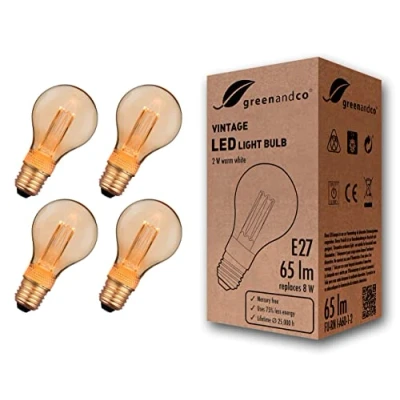 Obrázek greenandco 4x Vintage design LED žárovka K osvětlení nálady E27 A60 zlatá 2 W 65 lm 1800 extra teplá bílá 320 230 V bez blikání nestmívatelná Edison