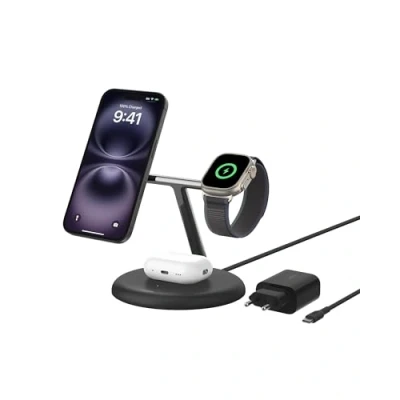 Obrázek Belkin bezdrátová nabíjecí stanice 3 v 1 s magnetickou Qi2, 15 W, kompatibilní MagSafe, nabíječka, iPhone série 16, 15, 14, 13, AirPods, Apple Watch, vč. síťového zdroje