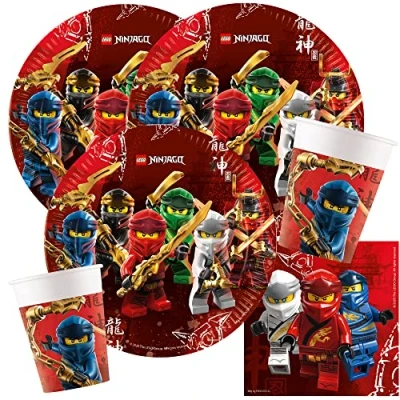 Obrázek 44dílná party sada Ninja talíř Ninjago hrníček ubrousky + papírová brčka pro 8 dětí
