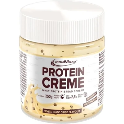 Obrázek IronMaxx Proteinový krém White Choc Crisp 250 g krémová pomazánka s vysokým obsahem bílkovin nízkosacharidová, nízkosacharidová cukr vhodná pro zdravou výživu