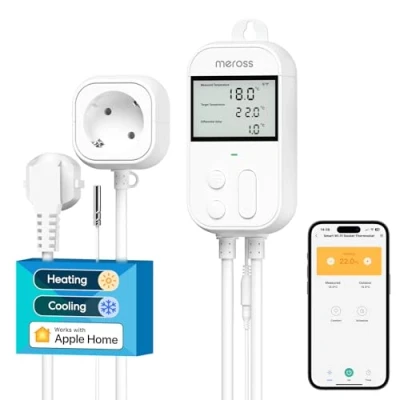 Obrázek Meross Chytrá zásuvka s termostatem pro HomeKit, digitální WLAN regulátor teploty, WiFi, termostat na topení, čidlem topení a chlazení 16 A, 2,4 GHz