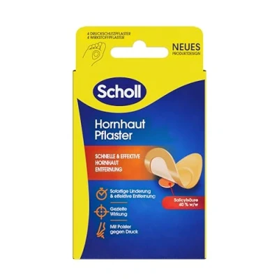 Obrázek Scholl náplasti na zrohovatělou kůži nohou, 4 s účinnými látkami a ochranu proti tlaku okamžitě zmírňuje bolest odstraní dermatologicky testováno,