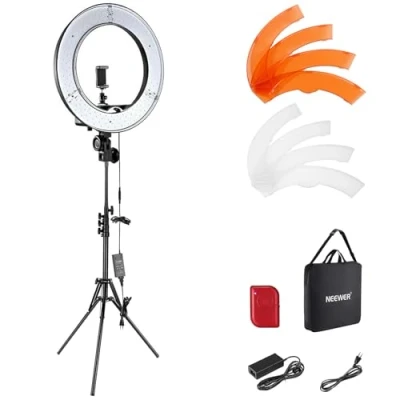 Obrázek NEEWER Sada kruhových světel se stativem: 18 palců/45 cm, venkovní 55 W, 5600 K, stmívatelné LED kruhové světlo s Bluetooth dálkovým ovládáním pro mobilní telefon/kameru YouTube TikTok, Self