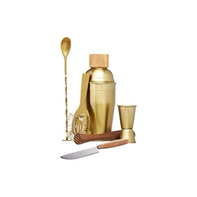 Obrázek BarCraft Cocktail Set, Professionelles Shaker Set aus Messing, 6 teiliges Barkeeper mit Messbecher, Messer, Shaker, Löffel, Sieb und Stößel, 12 x 17 22 cm, Gold Messing Holz