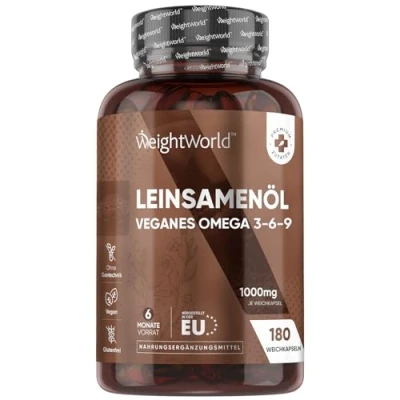 Obrázek Omega 3 Vegan z lněného oleje 2000 mg ve 2 kapslích 180 měkkých tobolek alternativa k řasovému oleji 6,9, EPA a DHA doplňky mastné kyseliny bez želatiny Flaxseed oil