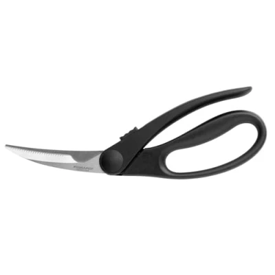 Obrázek Fiskars Nůžky na drůbež se zahnutými profilovými čepelemi, ušlechtilá ocel, délka: 23 cm, pro praváky i leváky, černá/stříbrná, Essential, 1023819
