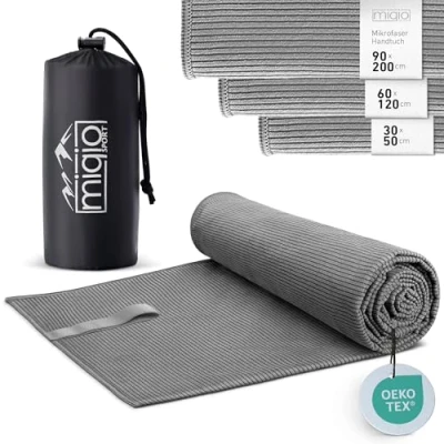 Obrázek Miqio Sport Ručník se strukturou z mikrovlákna Ultra lehký a rychleschnoucí 90 x 200 cm mnohostranně použitelný jako cestovní ručník, plážová osuška, osuška na sport, fitness, volný čas