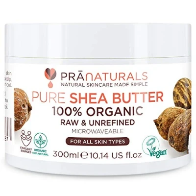 Obrázek PraNaturals 100% bio bambucké máslo 300 ml, surové nerafinované extra Virgin a Grade African Pure slonová kost All Natural, hladké ořechové tělové pro všechny typy pleti