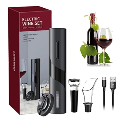 Obrázek Elektrisches Weinflaschenöffner Kit, Kabelloser Elektrischer Korkenzieher, Automatische Weinöffner Flaschenöffner mit Folienschneider, Vakuumstopfen und Weinausgießer für Familien,Partys (Schwarz)