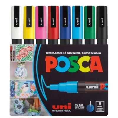 Obrázek POSCA uni ball 186508 zvýrazňovač s jemným kulatým hrotem, 8dílná sada, základní barvy