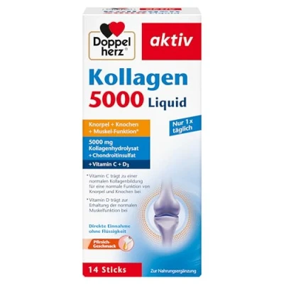 Obrázek Doppelherz Kolagen 5000 Liquid s hydrolyzátem kolagenu, chondroitinsulfátem, vitamíny a manganem 14 tyčinek příchutí broskve