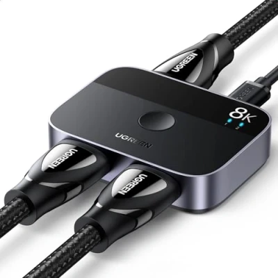 Obrázek UGREEN HDMI Switch 8K@60Hz 4K@144/120/60Hz, hliníkový přepínač 2 v 1 Out/1 in Out, pro PS5/PS4/Xbox/TV Box/Blu ray přehrávač / DVD přehrávač/projektor/monitor/laptop