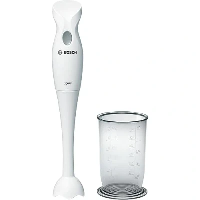 Obrázek Bosch Tyčový mixér MSM6B150, odnímatelná mixovací noha, nádoba na mixování s víkem, ergonomická rukojeť, lehký kryt, nůž se 4 čepelemi, snadné čištění, 300 W, bílý