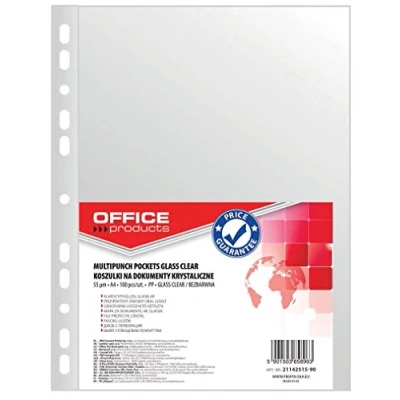 Obrázek OFFICE PRODUCTS katalogové obaly na prospekty / Din A4/ čiré křišťálově nahoře otevřené průhledné děrované plastové pouzdro PP/ transparentní 55 mikronů, 100 kusů
