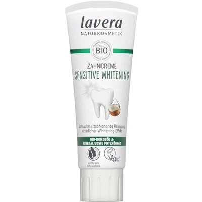 Obrázek lavera zubní pasta Sensitive Whitening 5násobná ochrana přírodní bělení šetří sklovinu bambusové čisticí těleso a fluorid sodný Vegan 75 ml