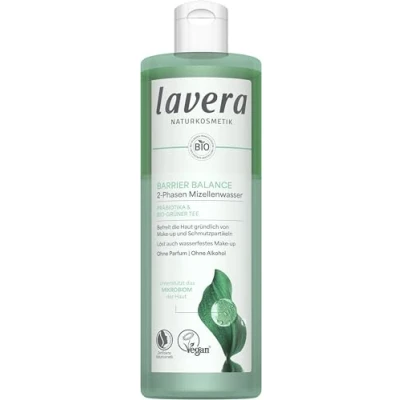 Obrázek lavera Barrier Balance micelární voda 2fázové bez alkoholu parfému rozpouští voděodolný make up šetrný k kožní bariéře prebiotika veganská přírodní kosmetika 400 ml