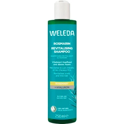 Obrázek WELEDA Bio rozmarýn Revitalising Shampoo přírodní kosmetika péče o vlasy mýdlo s kyselinou hyaluronovou a rozmarýnovým olejem pro větší objem zdravou pokožku hlavy vlasový šampon bez silikonů