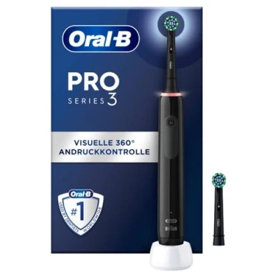 Obrázek Oral B elektrický zubní kartáček pro 3 3000, kartáček, 2 kartáčky CrossAction, se režimy čištění a vizuální kontrolou přítlaku 360 péči o zuby, dárek muže/ženu, černý