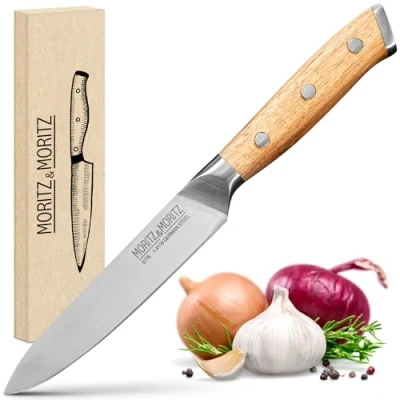 Obrázek Moritz &amp; Profesionální kuchyňský nůž, 13 cm univerzální kuchařský nůž na ovoce, zeleninu, maso a další ergonomická rukojeť z akátového dřeva německá