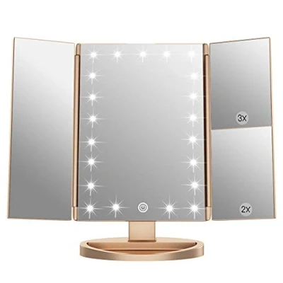 Obrázek WEILY Schminkspiegel mit Beleuchtung, Faltbare Kosmetikspiegel 1X/2X/3X Vergrößerung, Touch Tischspiegel Unterstützung USB und Batterie (Golden)