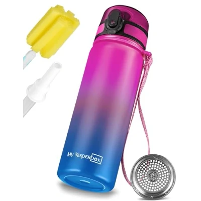 Obrázek My Vesperbox Láhev na pití z ušlechtilé oceli s ochranou proti vytečení brčkem nebo sítkem 400 ml, 600 ml bez BPA do školky, školy (fialová modrá ml)