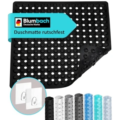 Obrázek Blumbach® Sprchová rohož protiskluzová 53 x cm sprcha, vč. háčků k zavěšení 100% bez BPA, odolná proti plísním a lze ji prát v pračce (černá)