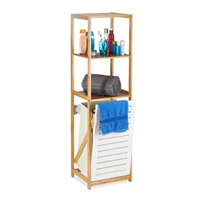 Obrázek Relaxdays Koupelnový regál s košem na prádlo, do koupelny bambus, stojací úzký, 3 přihrádky, V x Š H: 130 37 33 cm, přírodní
