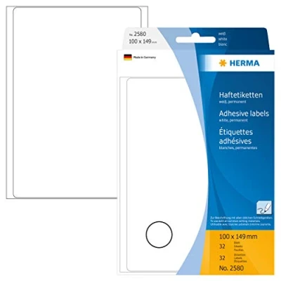 Obrázek HERMA 2580 víceúčelové etikety, 32 kusů, 100 x 149 mm, 1 na arch, samolepicí, štítky pro domácnost k popisování, matné, prázdné papírové lepicí bílé
