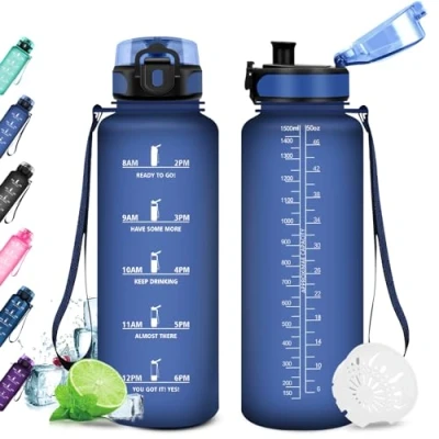 Obrázek KollyKolla láhev na vodu 1,5 l, sportovní pití bez BPA, s časovými značkami, Gym, zabezpečená proti vytečení, vhodná pro dospělé, do kanceláře, fitness, jógy,
