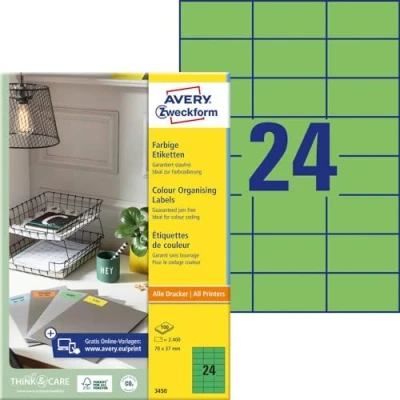 Obrázek AVERY Zweckform 3450 zelených etiket (2 400 nálepek, 70 x 37 mm na A4, permanentně držící, samolepicí barevné etikety, papír matný, potisknutelné, lepicí etikety) 100 listů